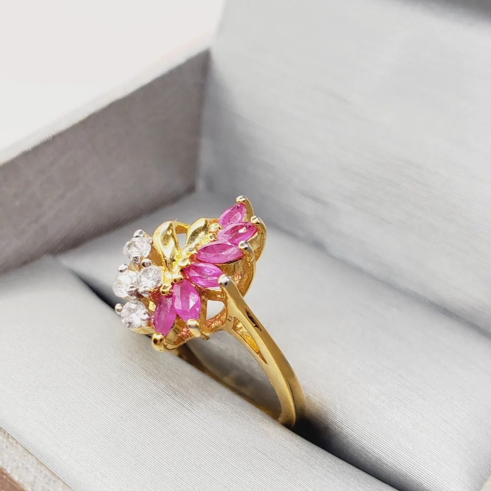 Genuine Marquise Pink Ruby - Simulated Diamonds - 18k Yellow Gold Plated Ring